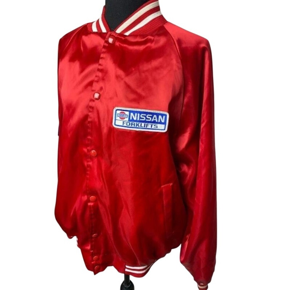 VTG 80s Auburn Sportswear Nissan Forklifts Satin Bomber Jacket USA Made XL